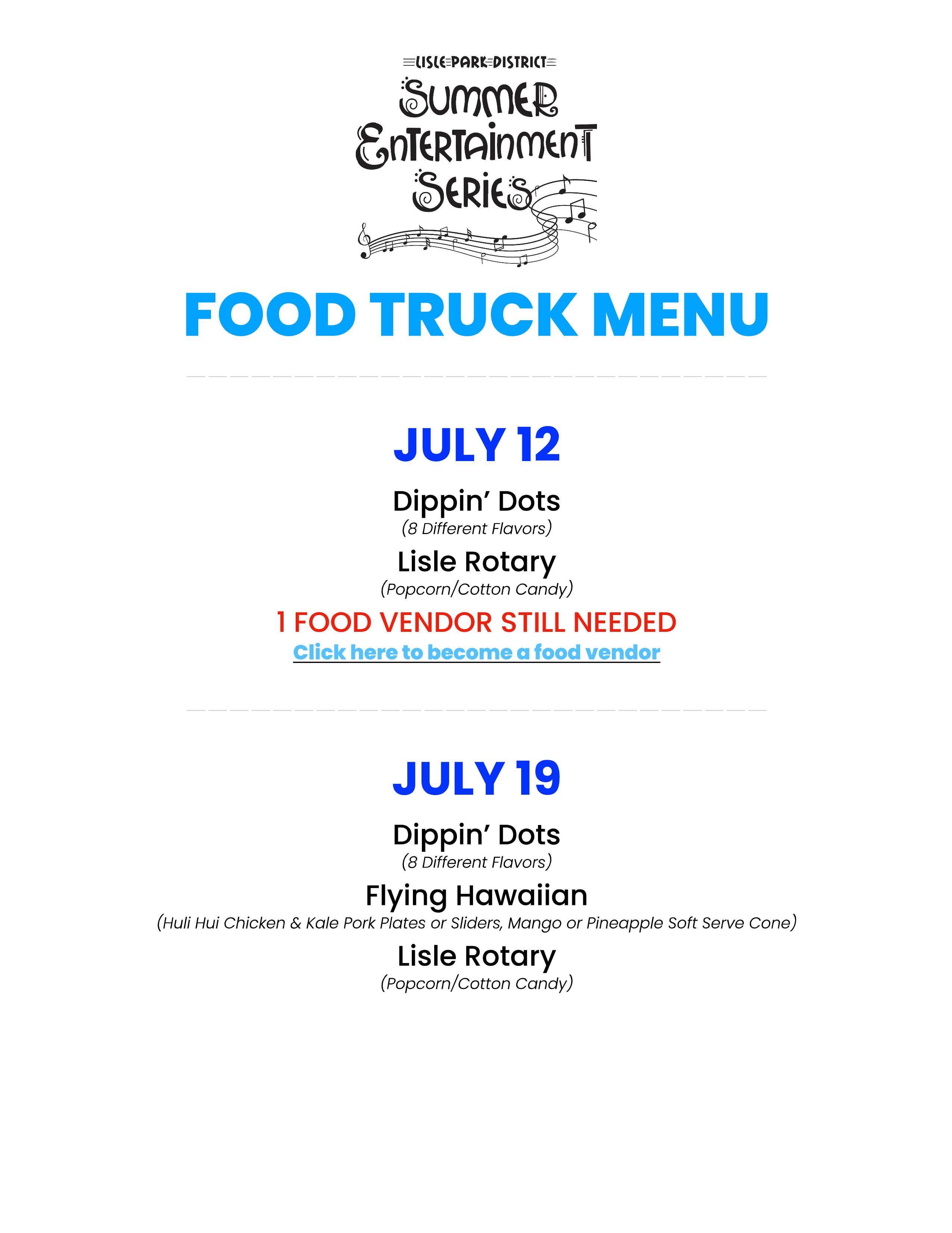 summer entertainment series food truck menu flyer