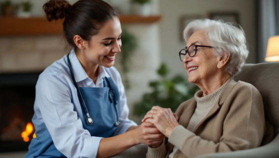 caregiver holding woman's hand