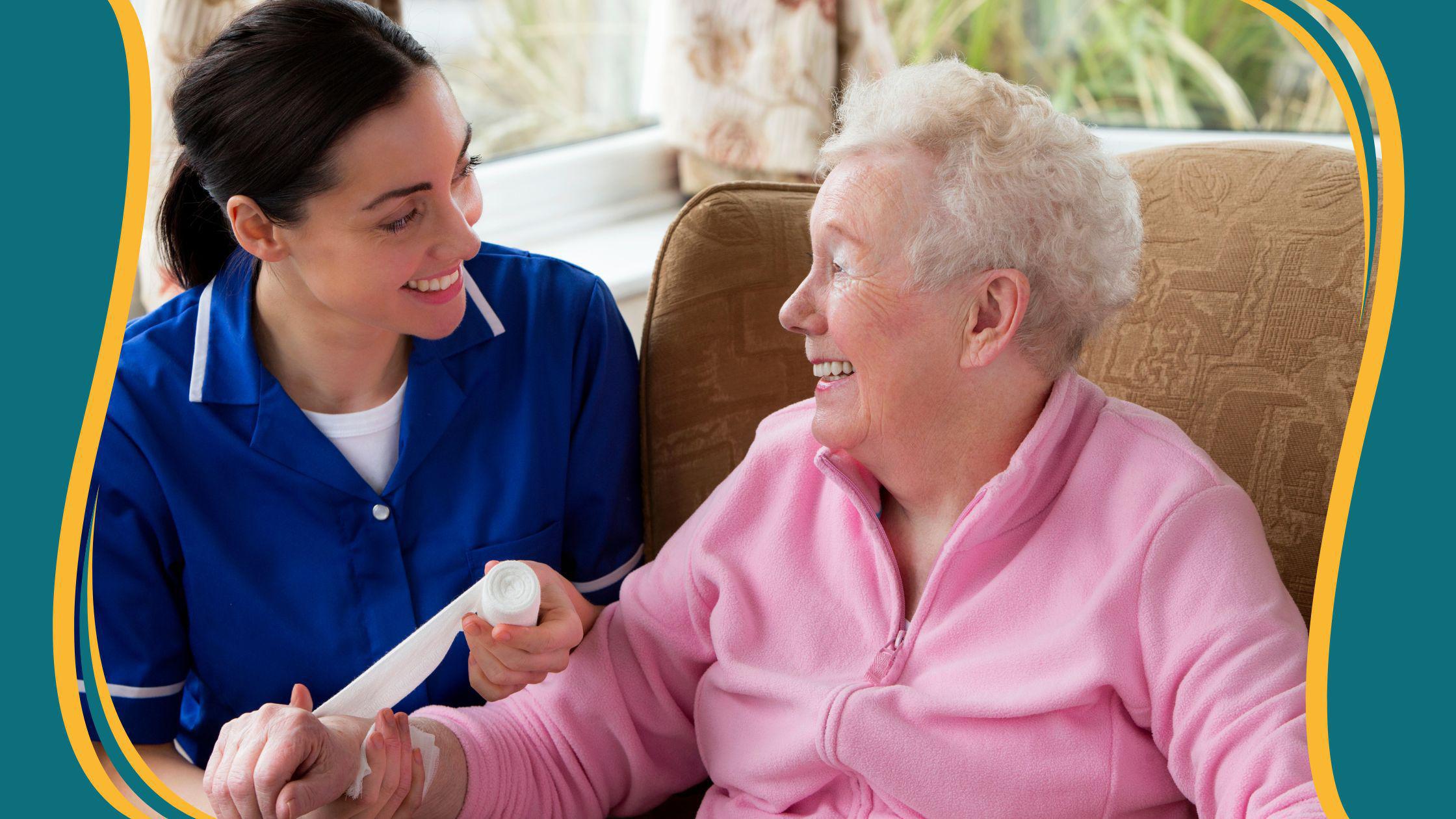 caregiver smiling and wrapping woman's wrist