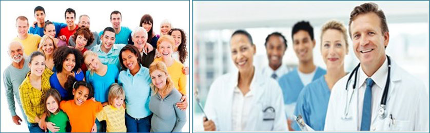 photo on the right shows a large diverse group of people in bright clothing; photo on the right shows a group of doctors and nurses